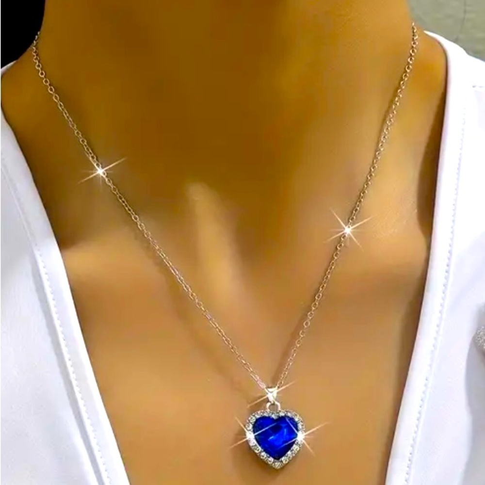 Crystal Blue Heart Necklace w/ 18” Silver Chain-Brand New & Beautiful